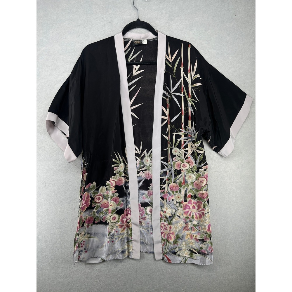 Judy Knapp Vintage Black Rayon Floral Bamboo Kimono Robe Duster Large USA Made